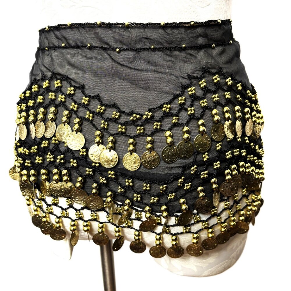 Black Belly Dance Hip Scarf with Three rows of Gold Coins - Picture 2 of 10